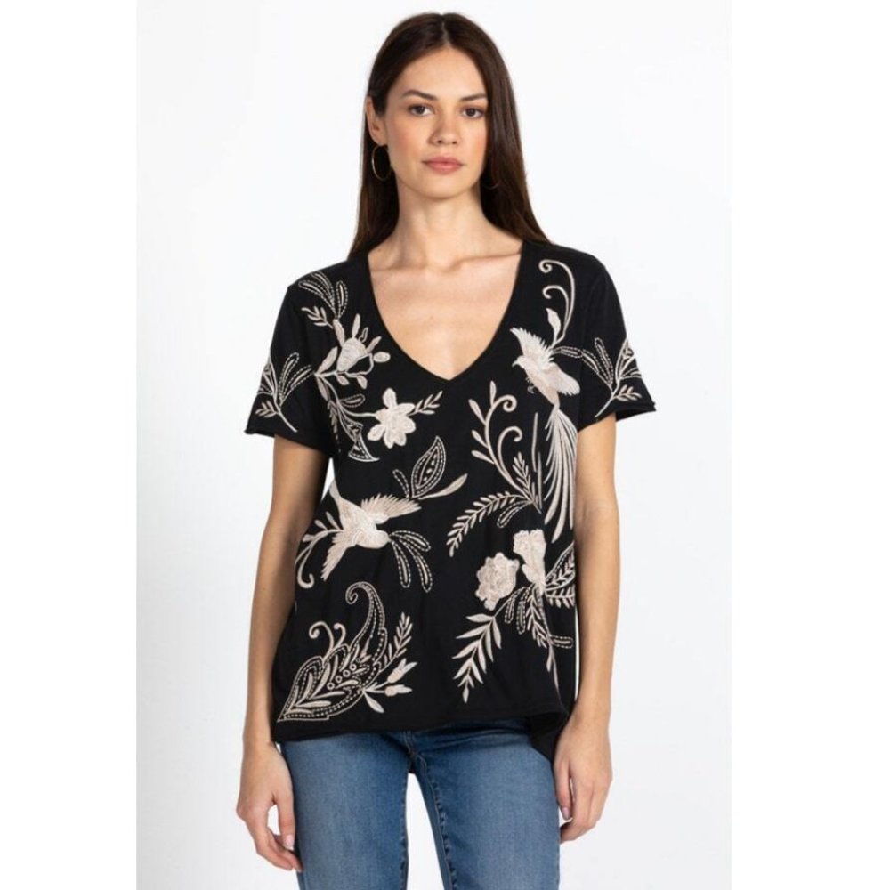 Johnny Was FRANKIE Everyday Tee Black Shirt Cotton Embroidery V Neck Shirt New